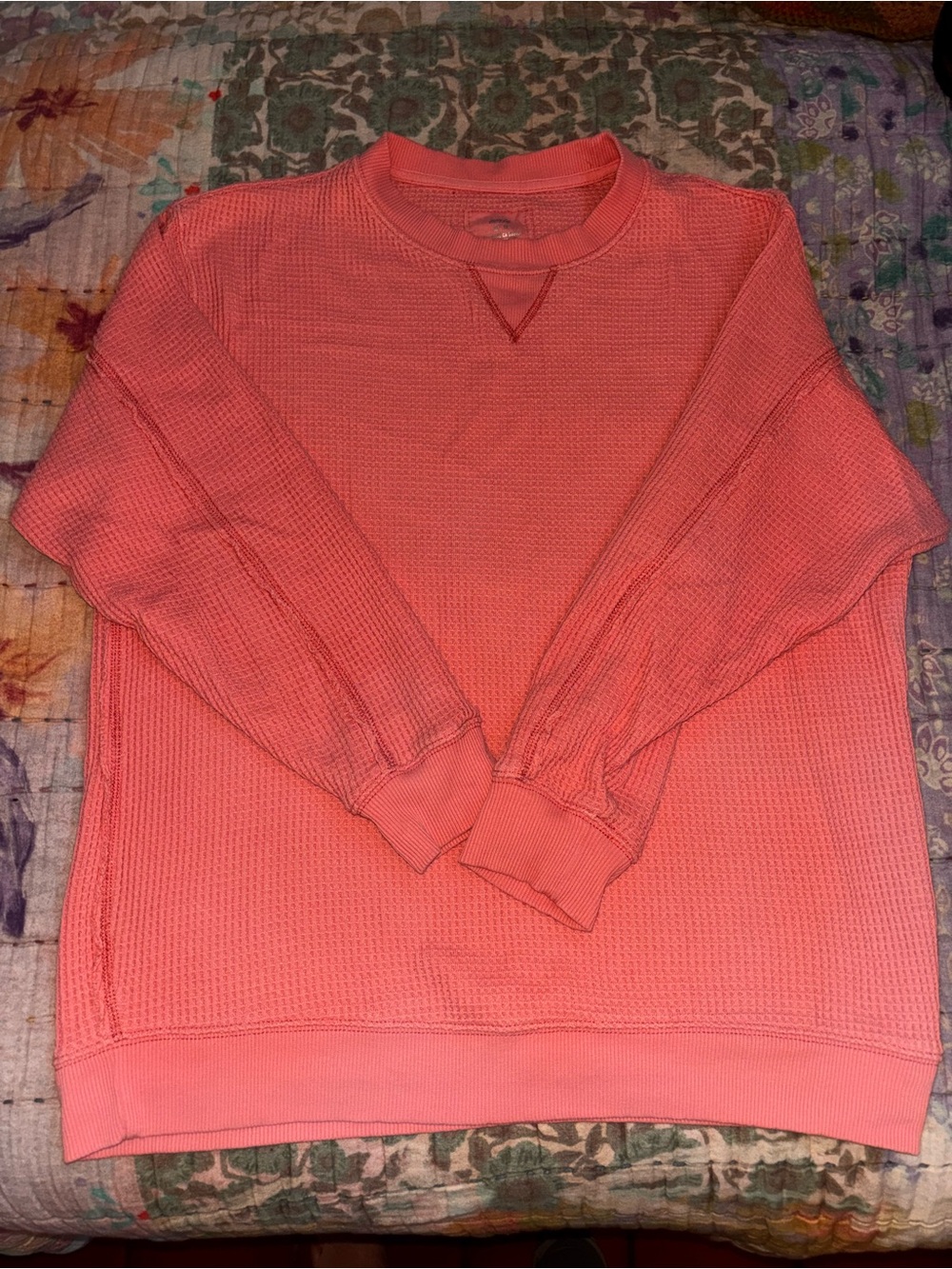 Aerie Coral Waffle-Knit Crew Sweatshirt